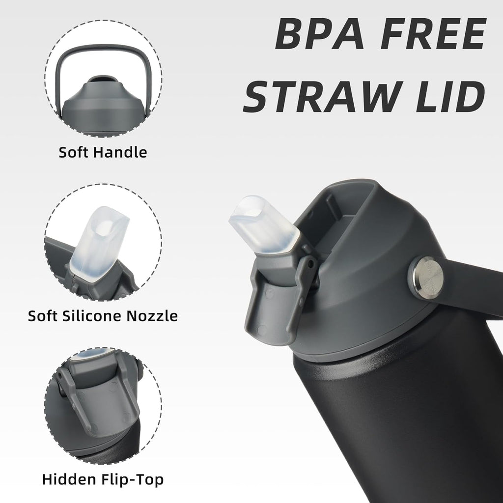 BJPKPK Insulated Water Bottle with Straw Lid, 18oz Thermo Water Bottles with Soft Nozzle, Flex Handle & Non-slip Boot, BPA Free Leak Proof Stainless Steel Metal Thermo, Tumblers, Cups,Black
