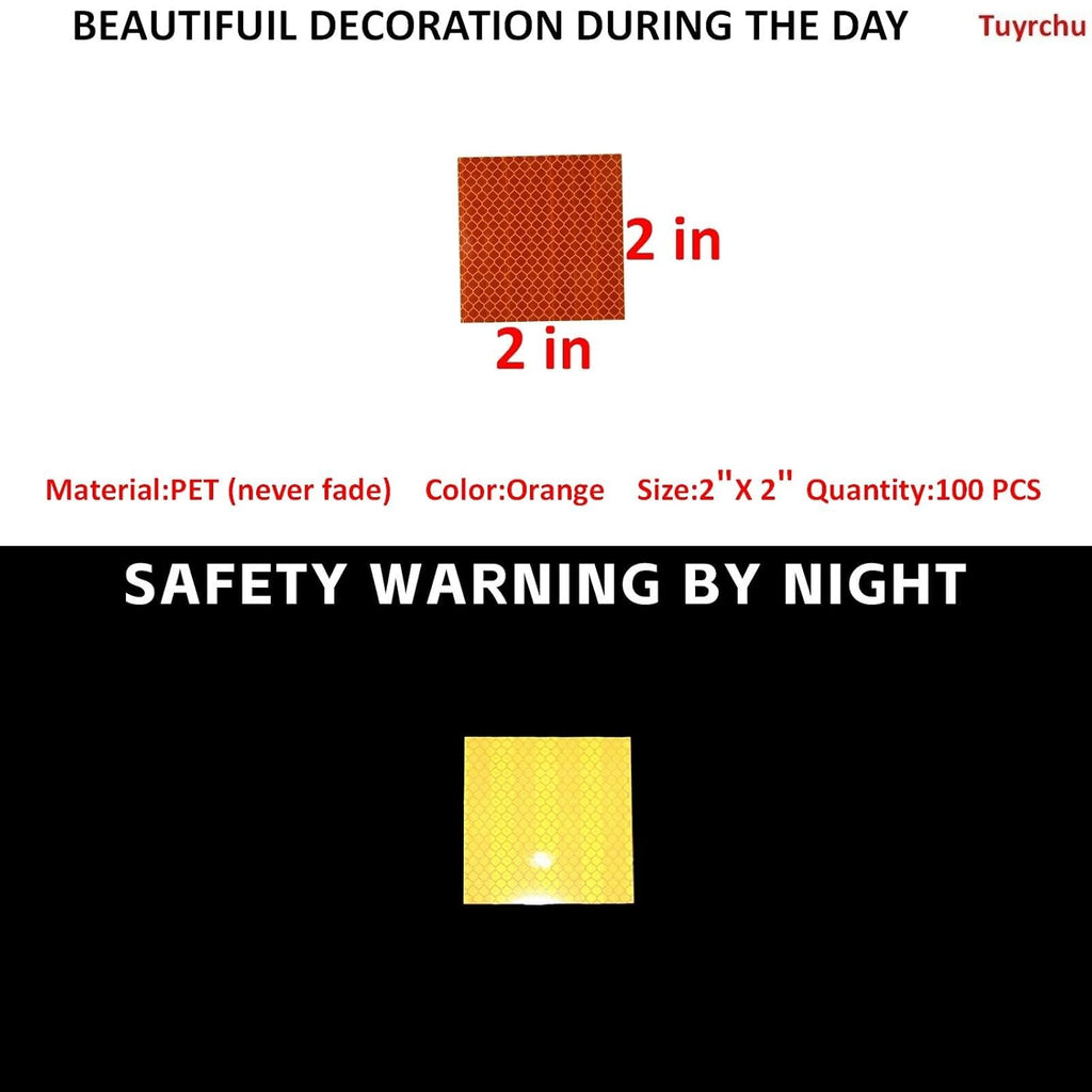 Non Fading Orange Reflective Stickers 2 inch X 2 inch, Outdoor Waterproof High Visibility Warning Safety Adhesive Reflector Tape (100 Pcs)