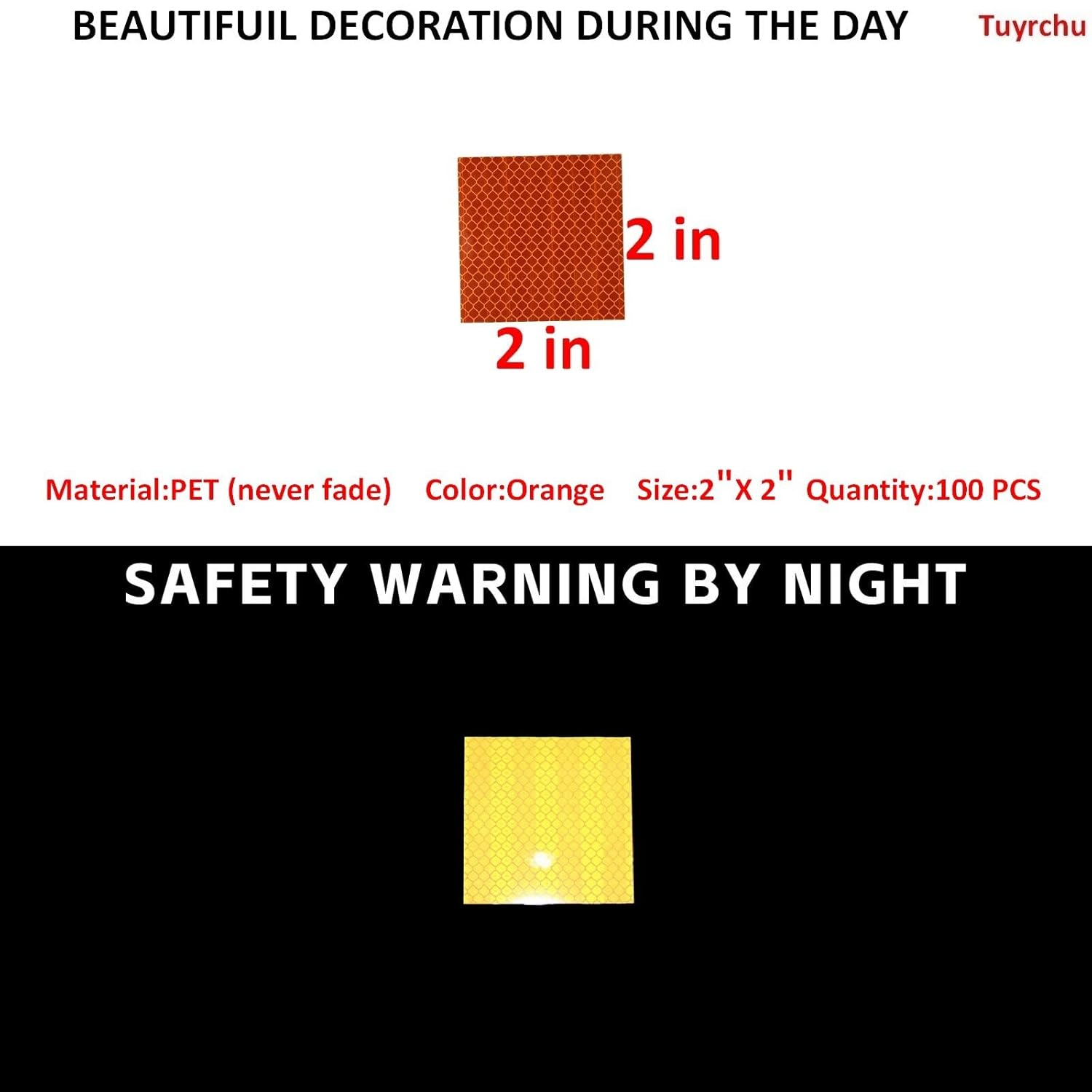 Non Fading Orange Reflective Stickers 2 inch X 2 inch, Outdoor Waterproof High Visibility Warning Safety Adhesive Reflector Tape (100 Pcs)