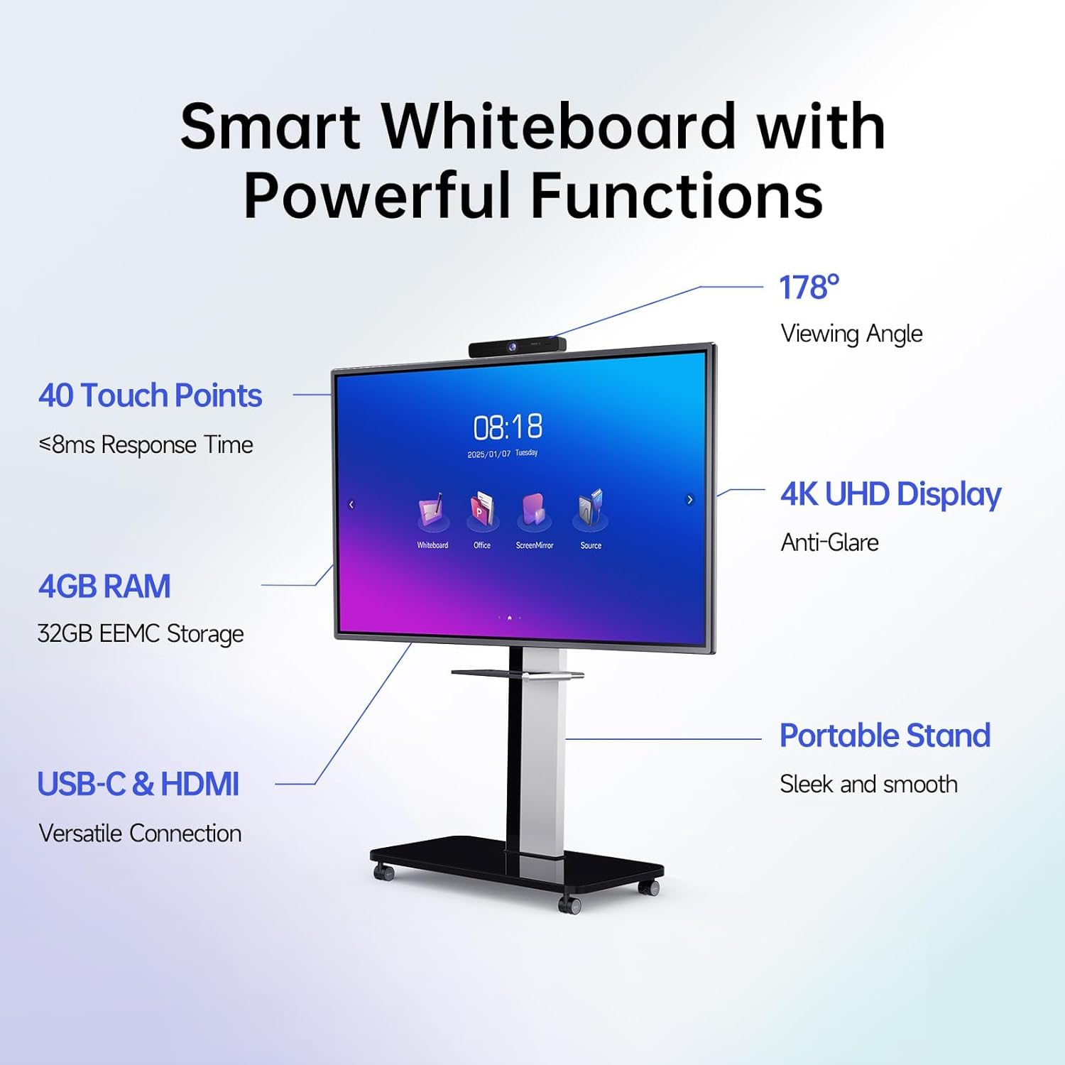 65 Inch Smart Board, Interactive Whiteboard, 4K UHD Touch Screen Digital Board, Digital Electronic Smartboard for Classroom,Office & Conference Rooms,Open App Ecosystem(Board & Wall Mount Only)