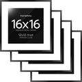 Homeforia 16x16 Picture Frame Black, High End Metal 16x16 Square Poster Frame Matted to 12x12 Print, 16 x 16 Black Frames with Mat 12 x 12 Photo, 16by16 Thin Frames, Tempered Glass, Wall Kit, Set of 4