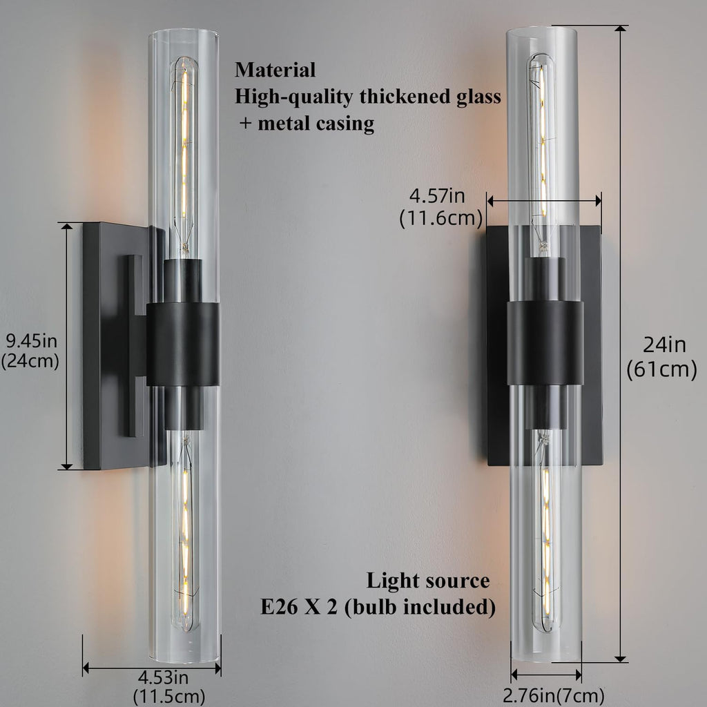 2-Light Matte Black Bathroom Light Fixtures with Glass Shades,Modern Wall Sconce for Bedroom Bath Mirror Lights.