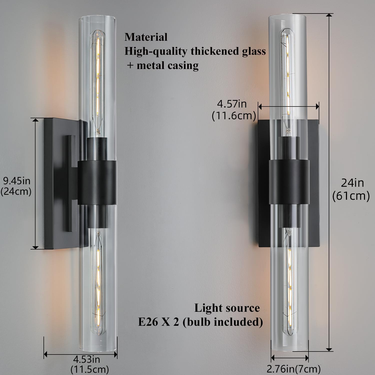 2-Light Matte Black Bathroom Light Fixtures with Glass Shades,Modern Wall Sconce for Bedroom Bath Mirror Lights.
