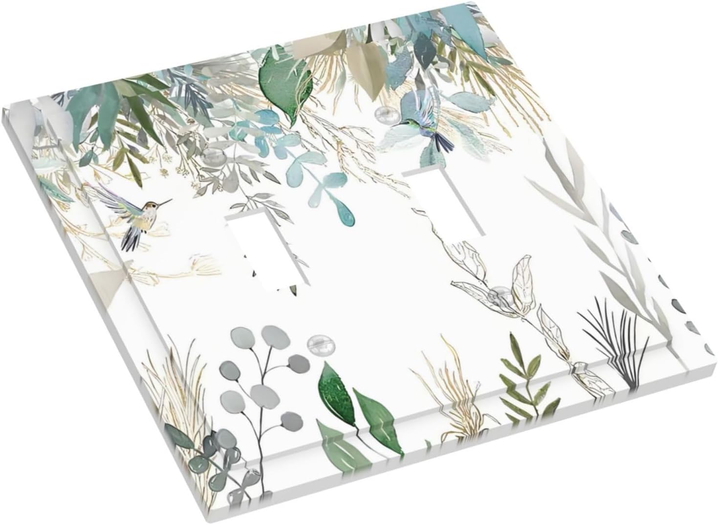 Green Tropical Palm Leaves Flower Plants Hummingbird Decorative Switch Plates 2 Gang Double Toggle Outlet Light Switch Cover Wall Plate Electrical Faceplate for Bed Room Living Room Decor