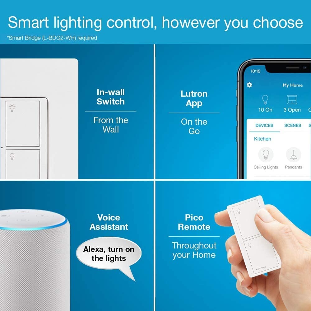 Lutron Caseta Original Smart Light Switch (Lutron Smart Hub Required), for Home, LED, and Fans, 6 Amp, Single-Pole/3-Way, Neutral Required, PD-6ANS-LA-4-Pack, Light Almond, 4 Pack
