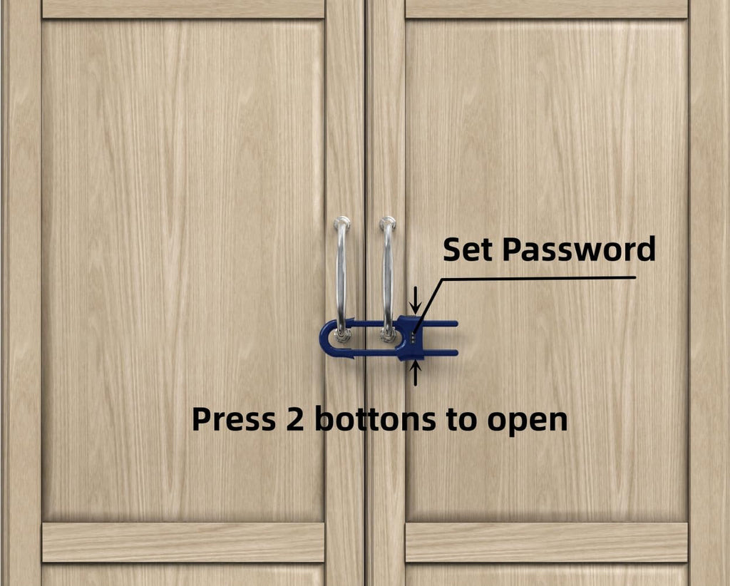 4 Pack Child Proof Sliding Cabinet Door Code Locks Baby Safety Cupboard Locks Adjustable U Shaped Cabinet Latches for Knob Handle Drawers Closet (4 PCS, Blue)