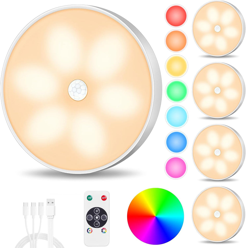 Motion Sensor Step Lights, 8 Colors Changeable RGB LED Closet Lights, USB Rechargeable Battery Operated Puck Light, Dimmable Under Cabinet Counter Kitchen Stair Lighting (5 Pack)