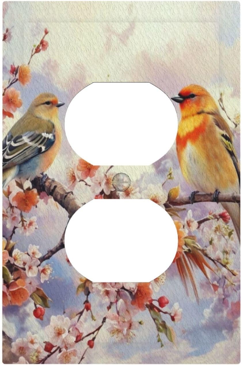 Birds Sitting on Flowers Tree Branch Light Switch Cover 1 Gang Outlet Plate Single Duplex Wall Plate Covers Decorative Switchplate Electrical Faceplate for Farmhouse Living Decor