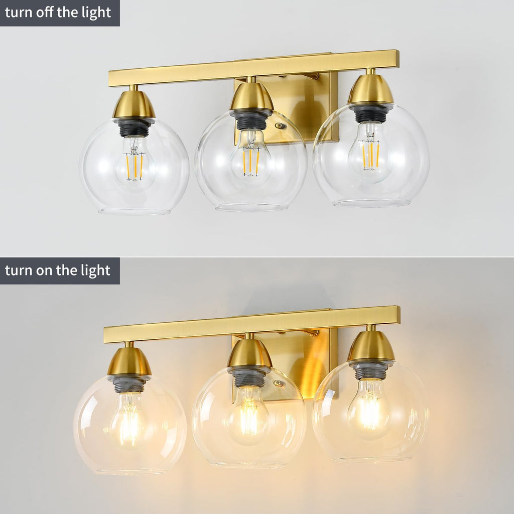Bathroom Light Fixtures, 3-Light Brushed Gold Vanity Light with Hand-Blown Thick Glass Shades, High-End Clarity & Durability, Wall Sconce for Mirror, Bedroom, Hallway