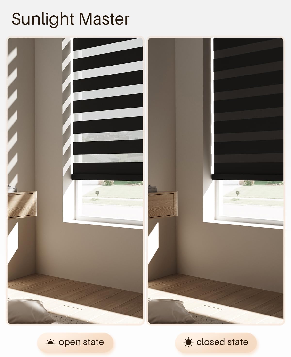 Smart Zebra Blinds for Windows, Alexa Motorized Blinds with Remote Control, Automatic Electric Power Zebra Shades for Indoor Windows (44" W x 72" H, Black)
