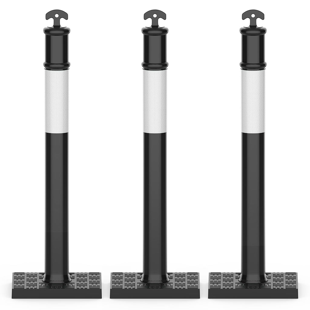 RoadHero 45 Inch Delineator Post with Rubber Base,Heavy Duty Black Traffic Delineator Posts Cones with Reflective Collars for Parking Lots, Road Safety, Construction Events 3 Pack