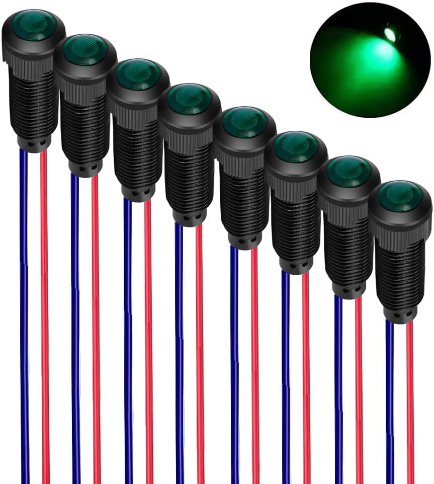 8pcs Green LED Indicator Pilot Light 110VAC Mounting Hole Size 8mm(Flame Retardant Plastic Shell)