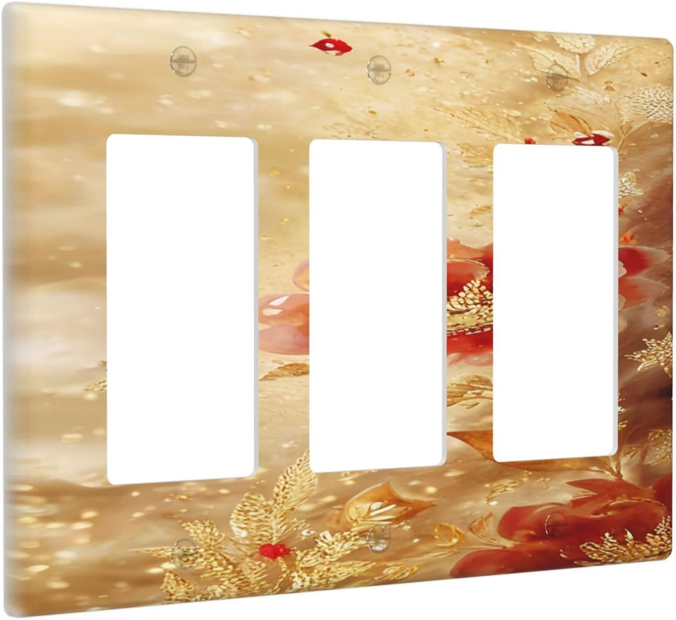 Decorative Outlet Covers Golden Leaf Red Peony Flowers Floral 3 Gang Wall Plate Triple Rocker Light Switch Cover Plate Jumbo Electrical GFCI Faceplate for Bedroom Home Decor