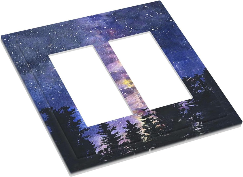 Decorative Outlet Covers Dream Milky Way Starry Forest Pine Watercolor Painting 2 Gang Double GFCI Rocker Electrical Wall Panels Light Switch Cover Plate for Bedroom Home Decor