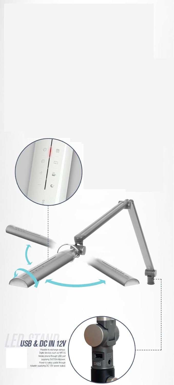 Softech - Natural Ultra Bright Light LED Lamp with swiveling Head & Clamp Type (3 Lighting Modes, 5-Level Dimmer, Touch-Sensitive Control Panel, USB Charging Port, Mobile Device Charger) (White)