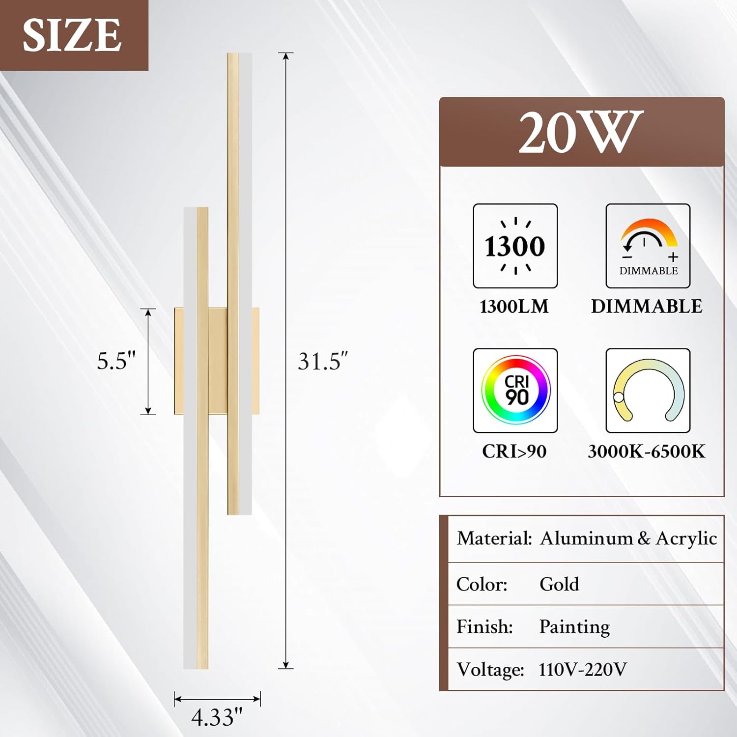 LED Wall Sconce Set of 2 Gold Remote Modern LED Vanity Lights Set of 2 Indoor Wall Light Fixtures for Living Room, Dimmable Wall Sconce for Bedside Bedroom Bathroom, 31.5inch 2 Pack