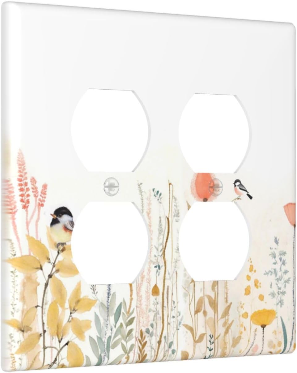 Outlet Covers Colorful Floral Watercolour Cuddly Bird 2 Gang Double Duplex Decorative Light Switch Covers Electrical Wallplates Socket Faceplate For Bed Room Living Room Decor