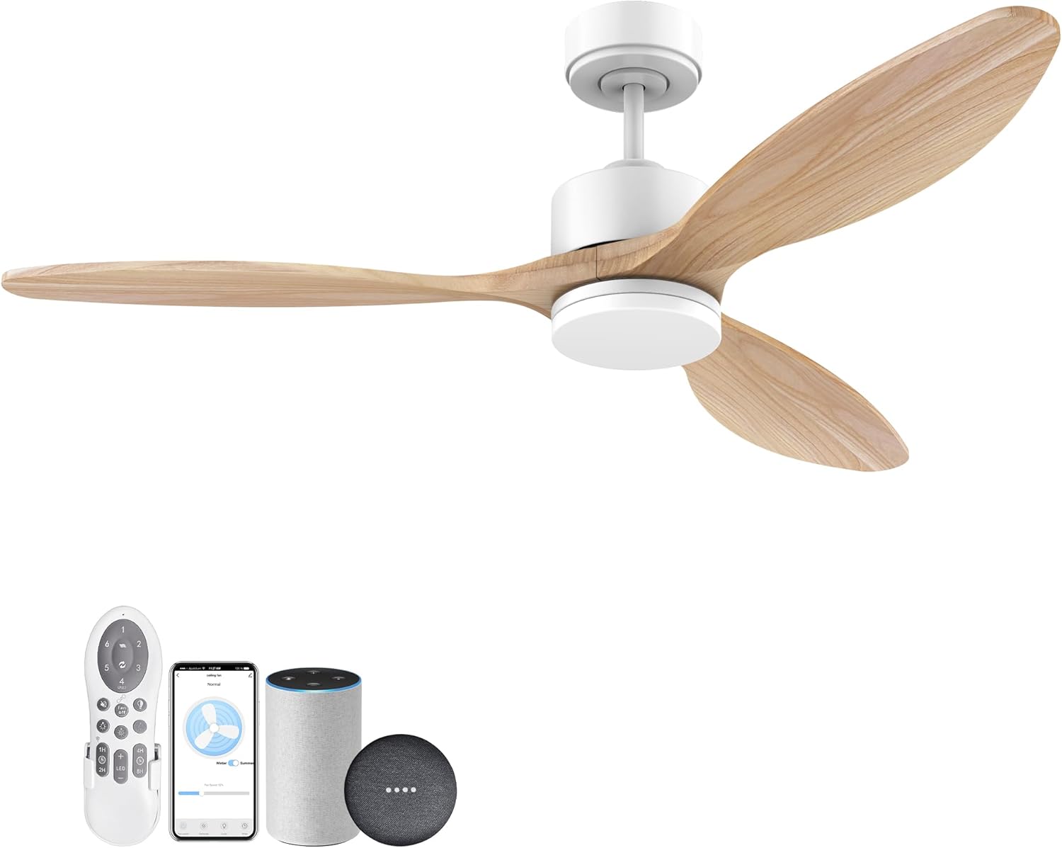 cumilo 52 Inch Smart Wood Ceiling Fans with light and Remote,Quiet DC Motor,Dimmable,Control with Alexa Google Voice App WIFI,Outdoor Indoor Modern Ceiling Fan for Bedroom Patio