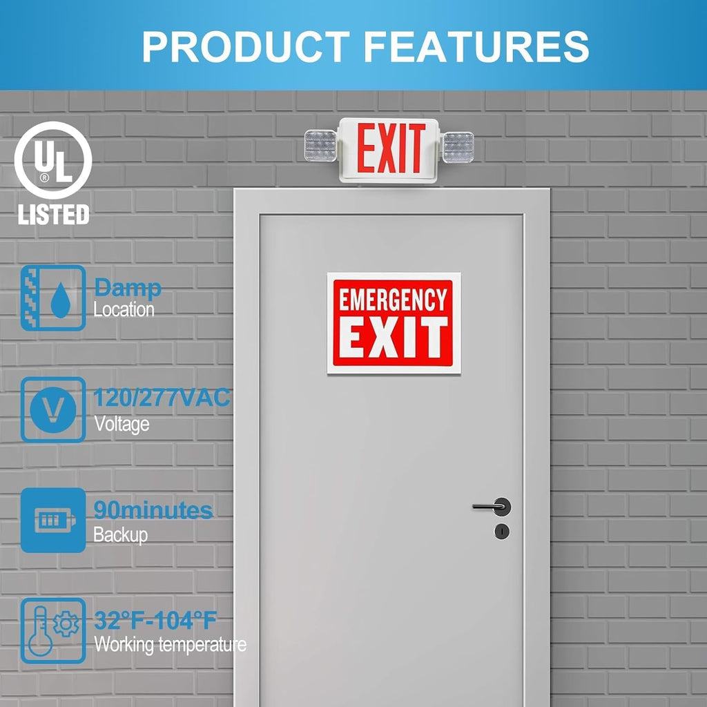 Double Sided LED Emergency EXIT Sign, Exit Combo Remote Capable, 2 LED Lights, Backup Battery, US Standard Red Letter, Commercial Grade, 120-277V, FireResistant(UL 94V-0) - 4 Pack