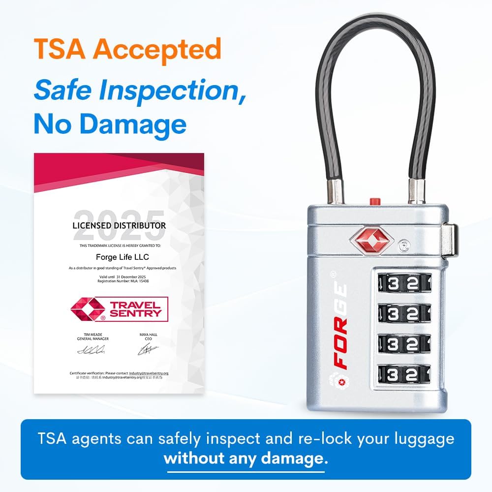 Forge TSA Approved Luggage Locks 4 Digit Combination TSA Travel Locks with TSA008, Open Alert Indicator, Zinc Alloy Body for Luggage, Suitcase, Backpack, and More. Silver 2 Locks.