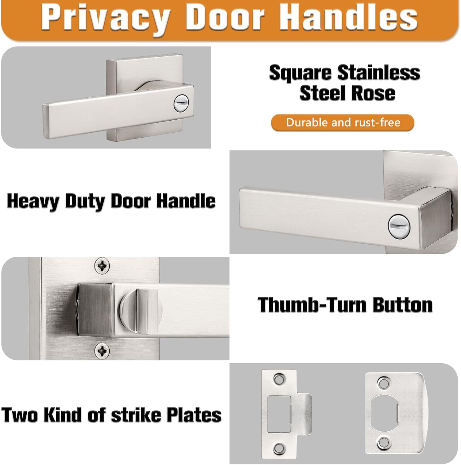 Probrico Interior Brushed Nickel Door Handle, Heavy Duty, Flat Square Privacy Door Handles, Keyless Door Levers Lockset for Bedroom and Bathroom, 8 Pack