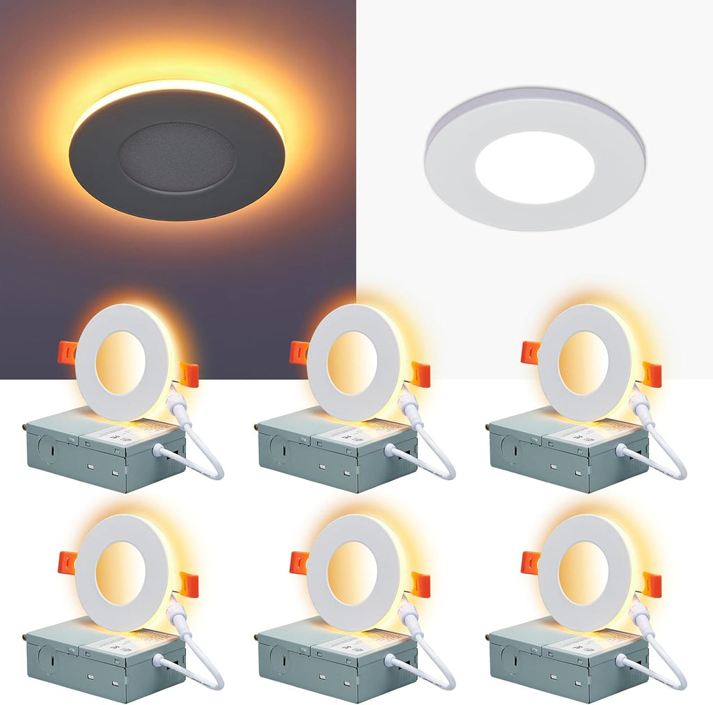 CycevSun 3 Inch LED Recessed Lights with Night Light, Dimmable & 5CCT Selectable Canless Outdoor Soffit, Downlight Wafer Pot Light, 6W, ETL, IC Rated, 6 Pack