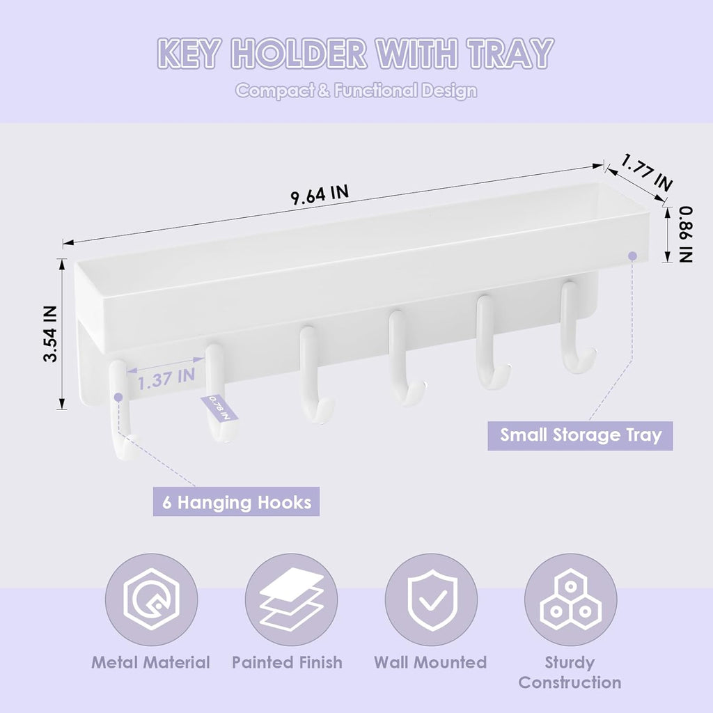 VIS'V Key Holder Wall Mount, Compact Adhesive Key Rack with Tray, 6 Hooks, 2 Mount Options, White