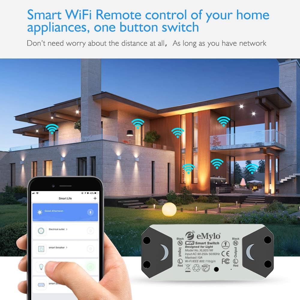 WiFi Switch, eMylo Smart Wireless Relay Module 2.4Ghz Wi-Fi Light Switch Basic Smart Remote Control Module Home Automation Timers Compatible with Alexa Echo Google Home 2 Pack