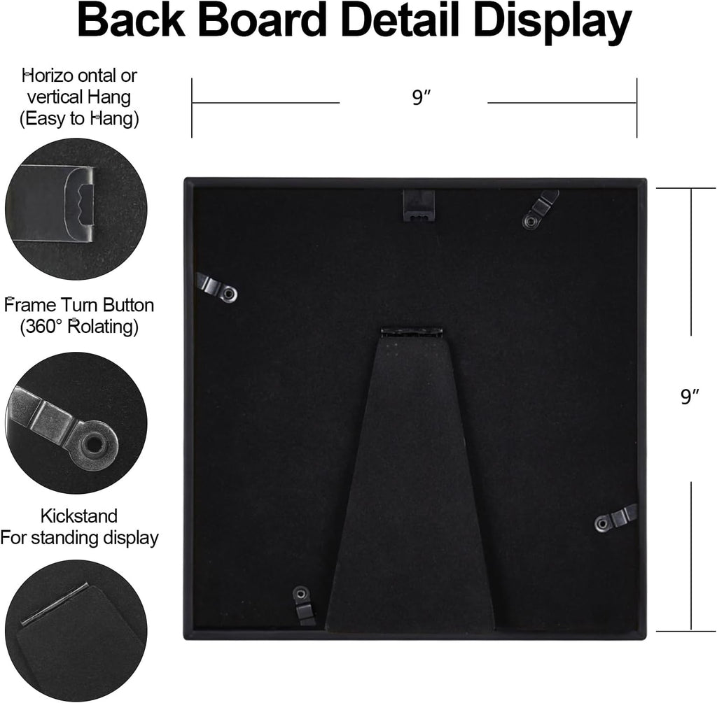 9x9 Picture Frame, Black Metal Square Photo Frames with HD Glass, Fits 8x8 with Mat or 9 x 9 without Mat, Display for Wall and Table, 1 Pack