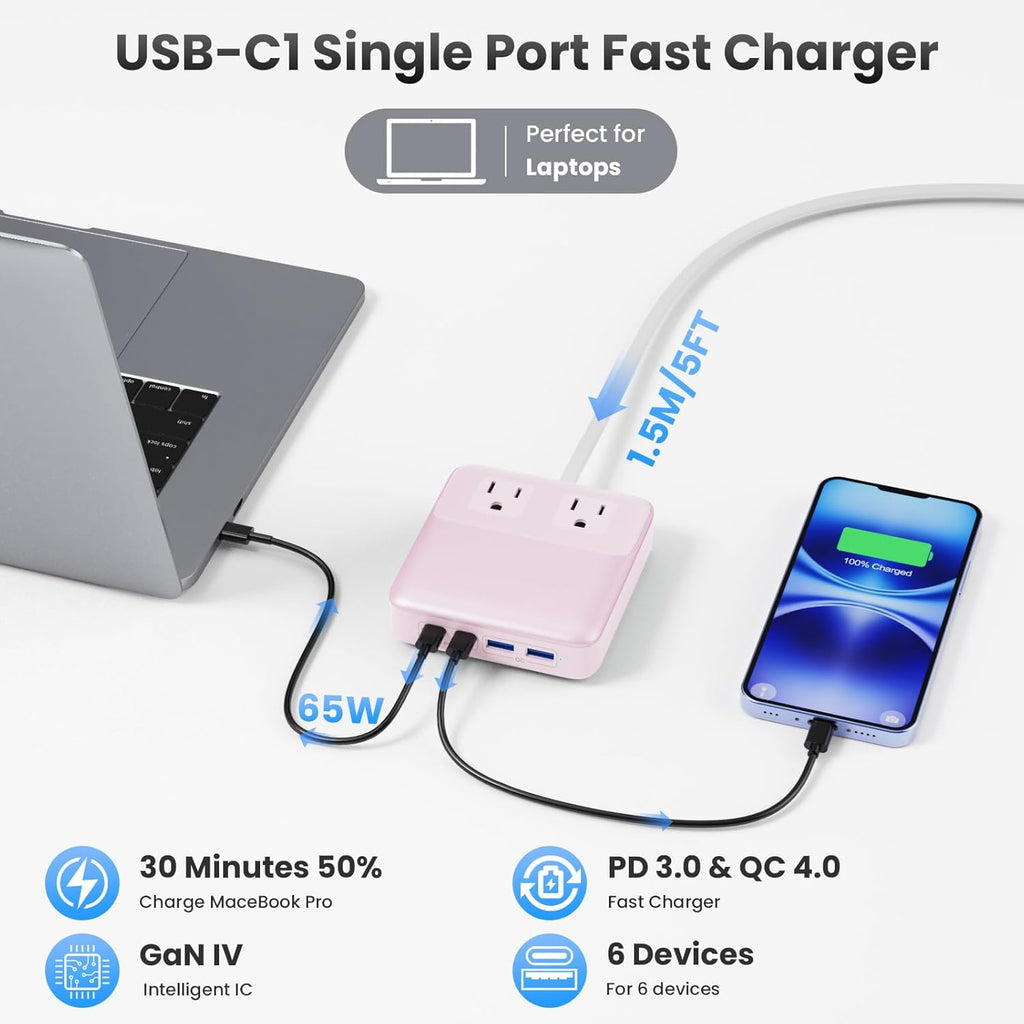 USB C Charger Block,135W GaN Fast Charging Station Hub,6-in-1 USB C Power Strip with 5ft Cord,2 AC & 2 USB A & C,PD 65W Laptop Charger for MacBook Air/Pro,iPhone16/15,Galaxy S24 etc
