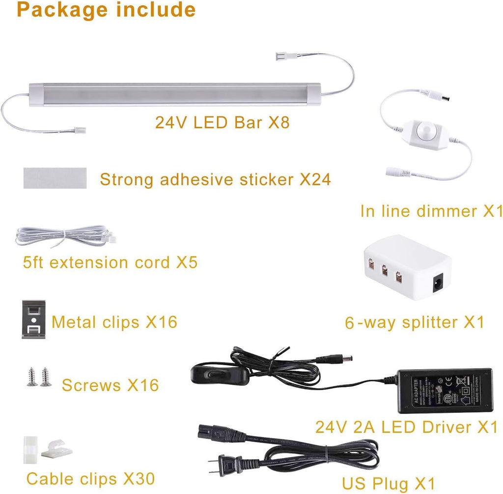 LABOREDUCER Under Cabinet Lighting Wired Plug in or Hardwired Cold White 6000K, 8 Pack 11inch Linkable Dimmable LED Under Cabinet Lights with Power Adapter,24V Under Counter Lights for Kitchen