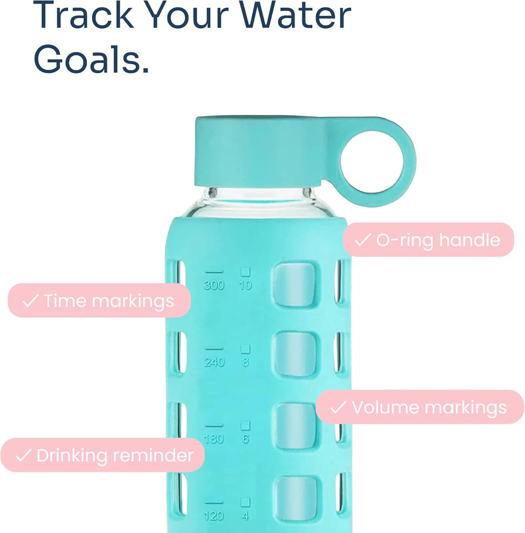 purifyou 40oz / 32oz / 22oz / 12oz Borosilicate Glass Water Bottle with Time & Volume Markers, Silicone Sleeve, Stainless Steel Lid | Reusable Glass Bottle for Water & Juice (12oz Aqua Blue)