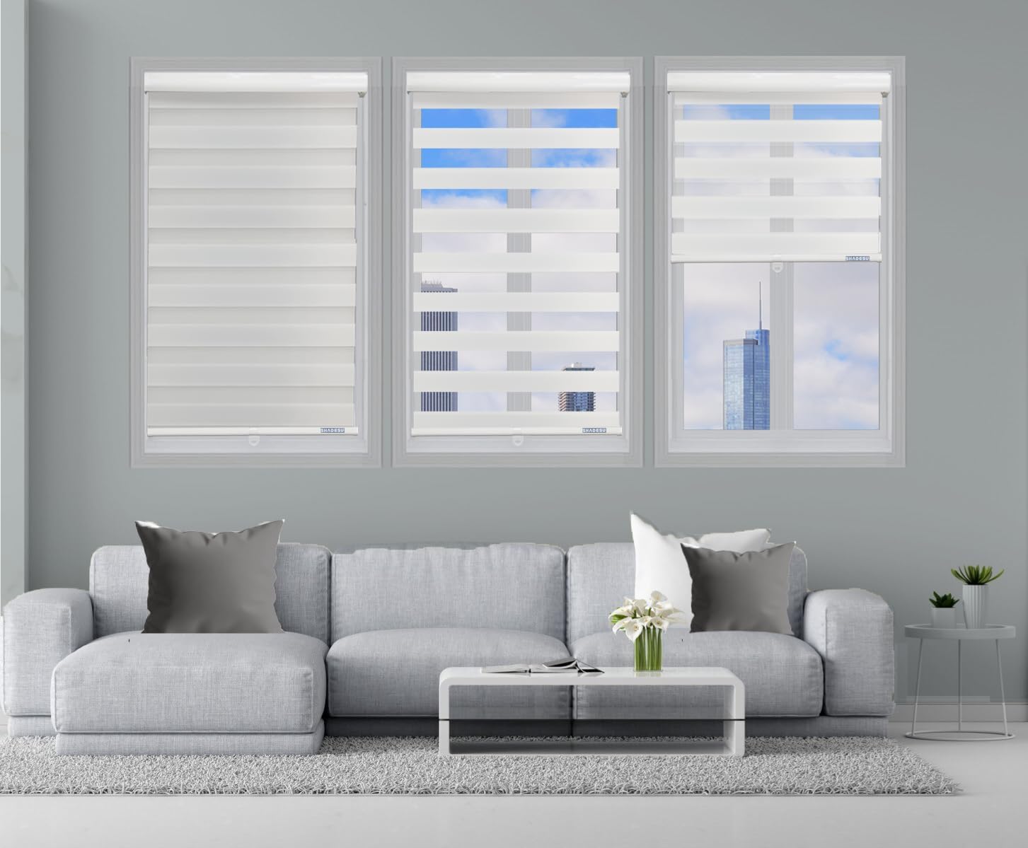 Shadesu Cordless Zebra Blinds for Windows, 70" W x 72" H, White, Dual Layer Free-Stop Zebra Shades, Light Control for Day and Night, Sheer Blinds for Indoor Windows, Bedroom, Kitchen