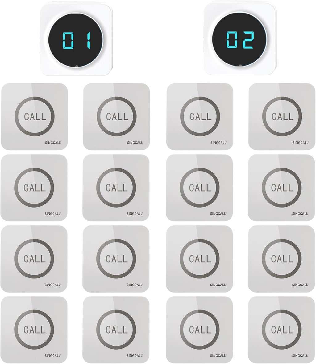 SINGCALL Restaurant Pager System Waiter Calling System Pagers and Beepers for Kitchen,Fast Food,Hotel,Restaurants,Cafe,Bar to Call Waiters 16 Waterproof Wireless Call Buttons 2 Number Display Receiver