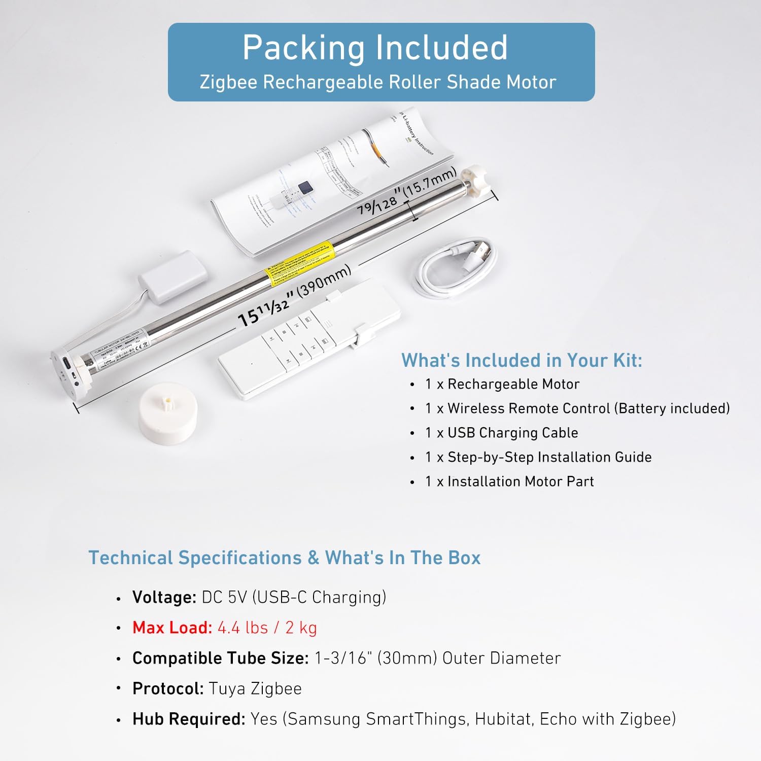 Zigbee Smart Roller Shade Motor for 1-3/16in (30mm) Tubes - 4.4lbs Max Weight Capacity - Rechargeable Battery for DIY Installation - Compatible with Alexa/Google Home via Tuya Zigbee Hub (Required)