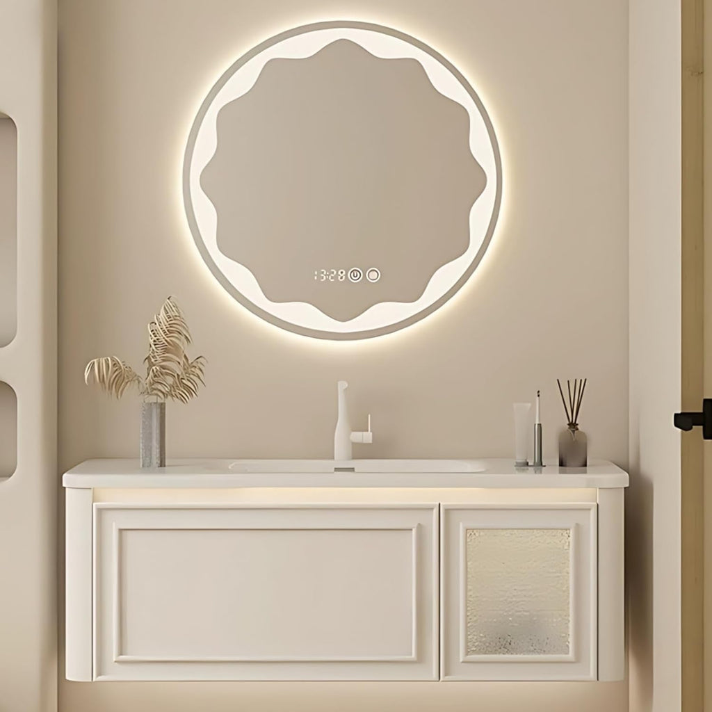 56IN Wall Mounted Bathroom Vanity Set - Wood Bathroom Vanities has Tissue Hole Design | Includes Smart Defogging Mirror Cabinet & Time Display, Rounded Corners, Glass Cabinet Doors (Style C)