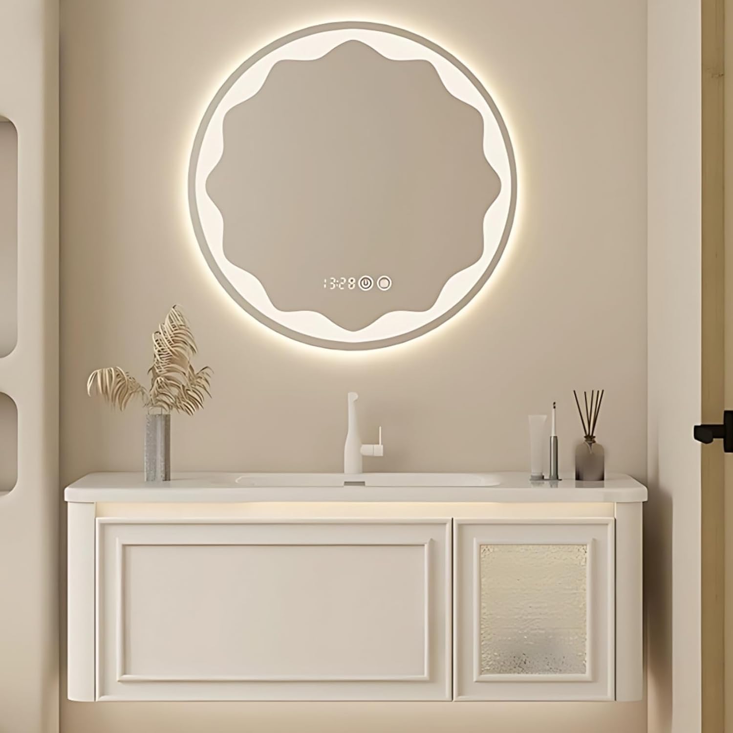 40IN Wall Mounted Bathroom Vanity Set - Wood Bathroom Vanities has Tissue Hole Design | Includes Smart Defogging Mirror Cabinet & Time Display, Rounded Corners, Glass Cabinet Doors (Style C)