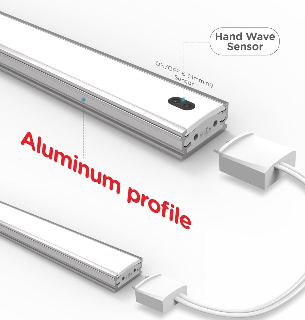Hand Wave Under Cabinet LED Lighting Plug in, 16 Inch 3 Pcs Dimmable Linkable Ultra Thin Aluminum Alloy Housing, 4000K Natural White Motion Sensor Counter Lights for Kitchen, Shelf, Cupboard