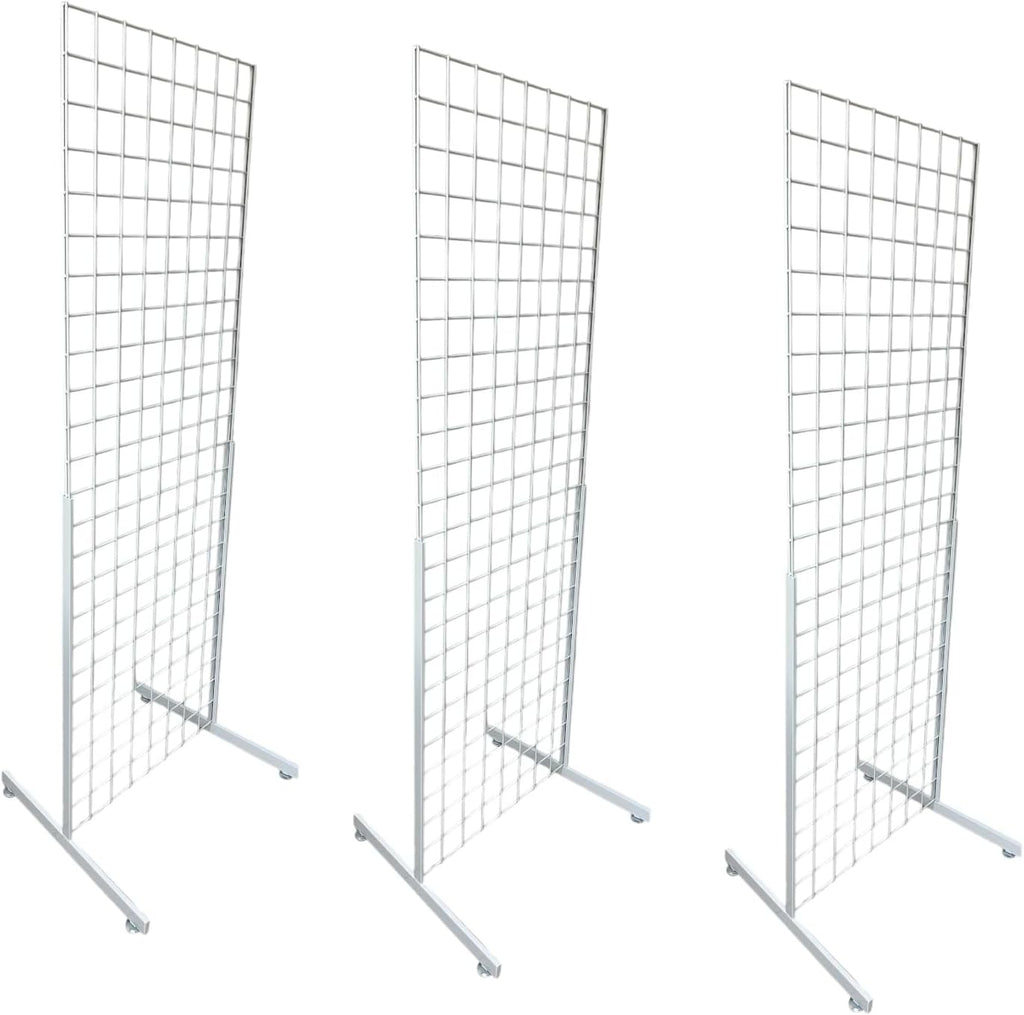 Only Hangers 2' x 6' Grid Wall Panel Floorstanding Display Fixture with Deluxe T-Style Base, Black or White. Three-Pack Combo. (WHITE WITH EZ SLIDE ON LEGS (NO HARDWARE REQUIRED))