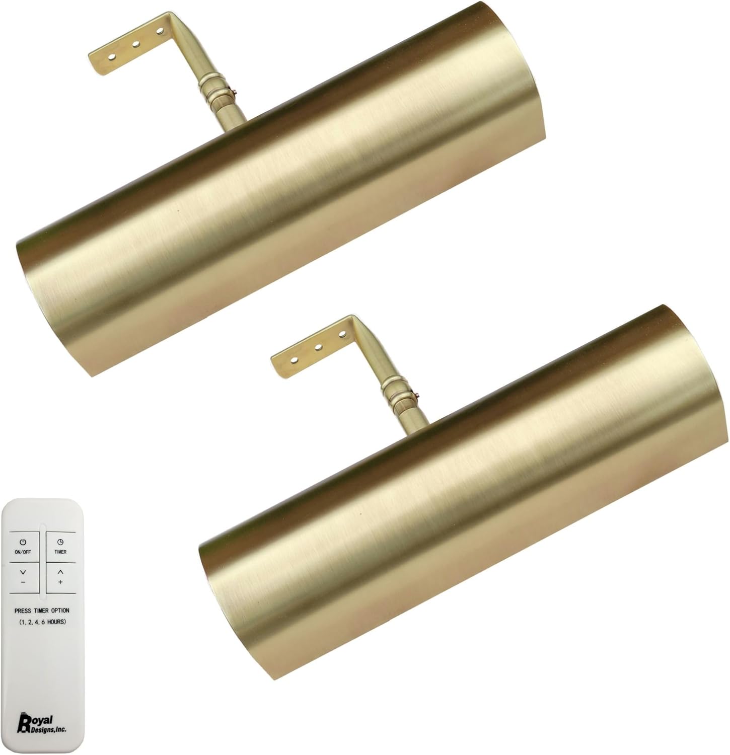 Royal Designs, Inc. Cordless Remote Control LED Picture Light, Dimmable with Timer Function, Brushed Satin Brass, 8.75 Inches, 2 Pack