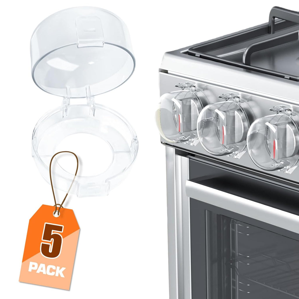 Stove Knob Covers for Child Safety (5 Pack), Stove Knob Safety Covers, Childproof Oven Lock Knob Covers with Adhesive, Prevent Kids-Pets from Gas Stove Knob Locks, Heat-Resistant Upgraded-Clear
