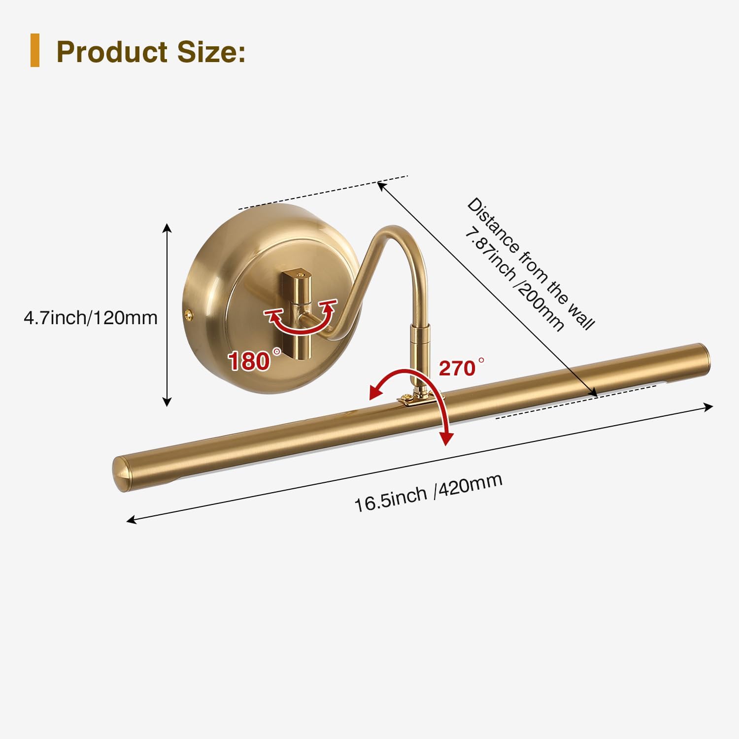 JOOSENLUX Modern Brass Picture Light Hardwired - 16.54'' for Wall Painting and Artwork Display - 7W LED Wall Lights(45W Eqv.) - Warm White 3000K - Hard Wired Connection with Swing Arm