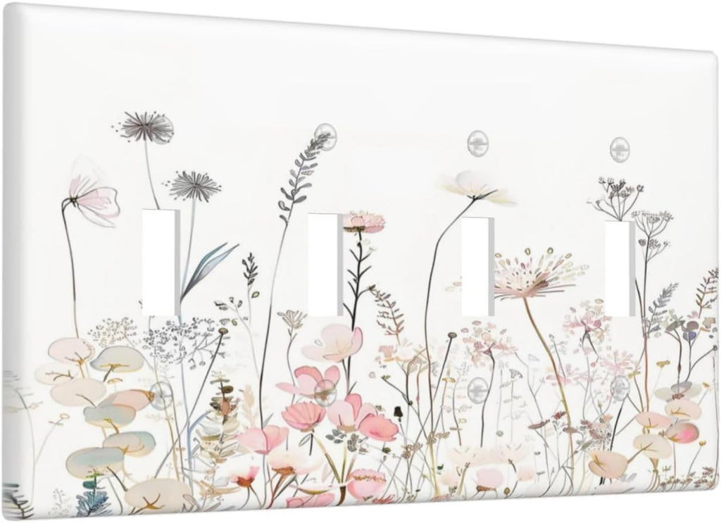 Floral Watercolor Wildflower Dandelion Plant Light Switch Covers Quad Toggle Electrical Faceplate 4 Gang Wall Plate Decorative Switch Plates for Farmhouse Bed Room Decor