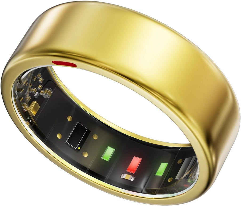Smart Ring for Women Men- Sleep/Fitness/Stress/Heart Rate Tracker- Menstrual Records - 7 Days Battery Life - Wireless Charging - No APP Subscription - iOS & Android Compatible (Gold, Size 8)