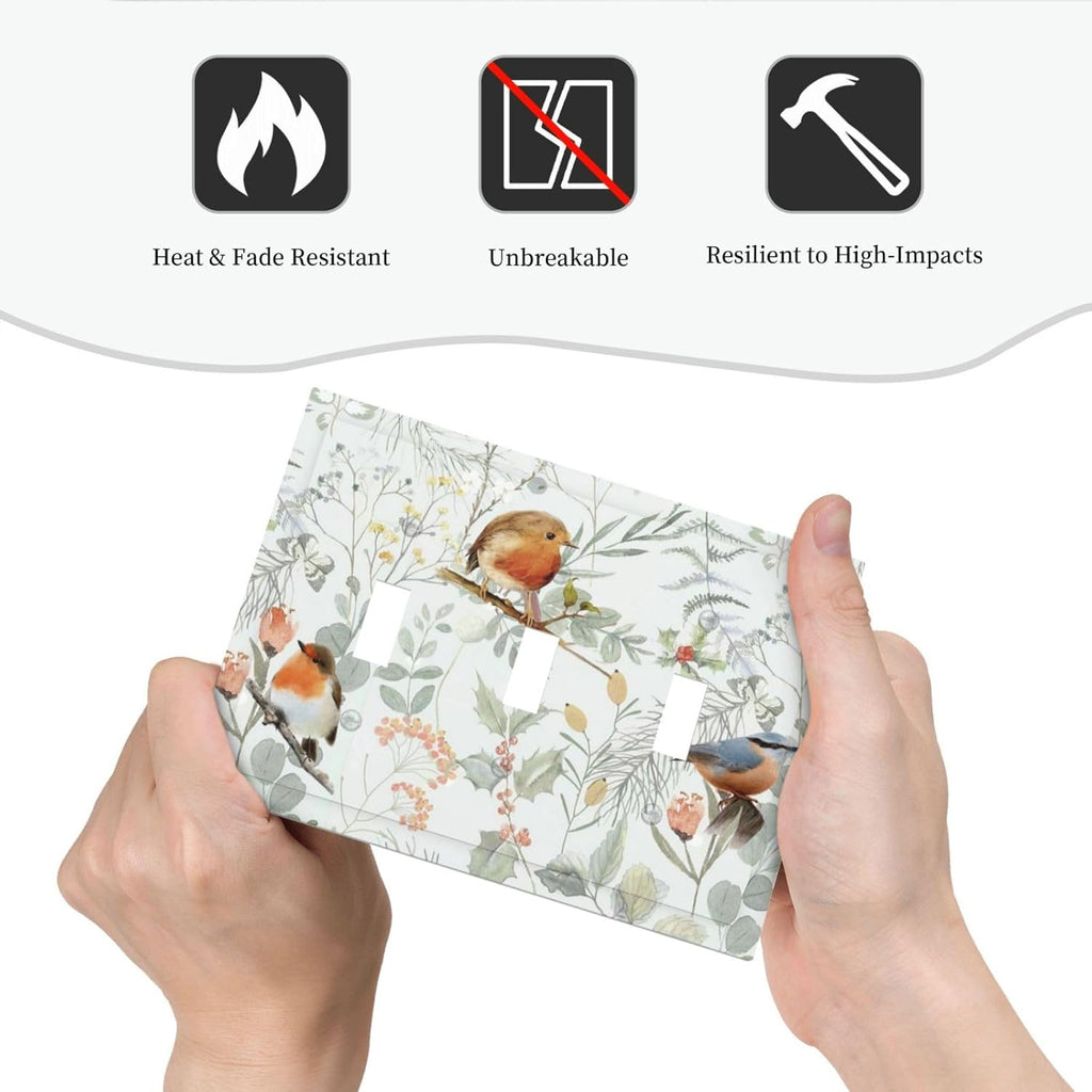 Decorative Switch Plates Red Floral Berries Colorful Bird Plant 3 Gang Wall Plate Triple Toggle Light Switch Cover Faceplate Electrical Wall Panels For Bed Room Living Room Decor