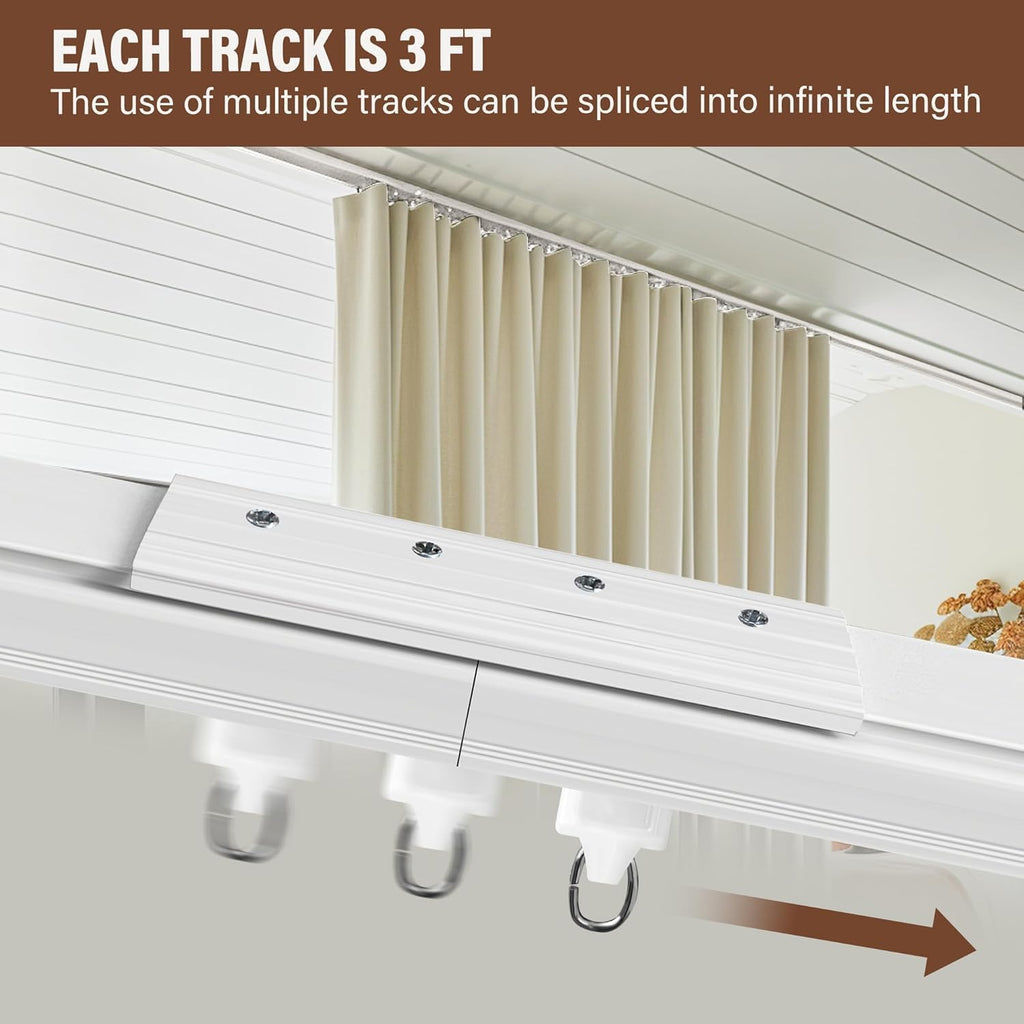 Ceiling Mount Curtains Track Room Divider Privacy Partition Separator Curtain Tracks Rods Heavy Duty RV Shower Outdoor Rail Clip Hook Set, White 3-21ft