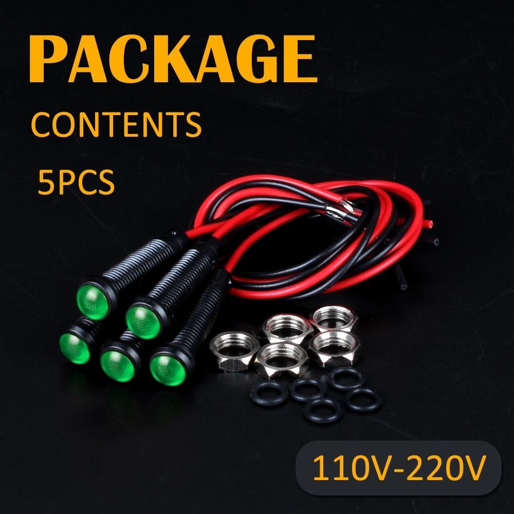5pcs 6mm LED Indicator Light Plastic Black Signal Dot Lamp 110-220VAC 1/4" Mounting Hole Size with 15cm/5.9in. Wire (Green LED)