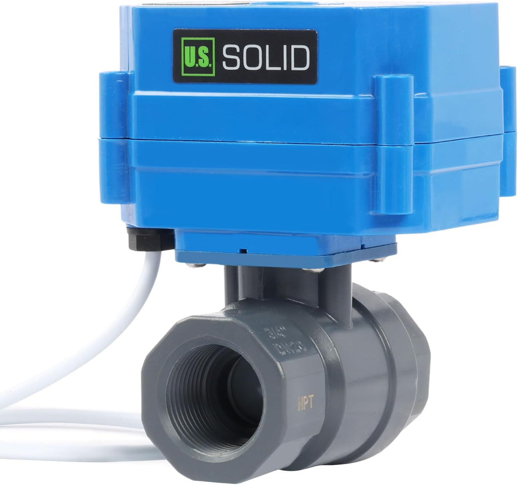 U.S. Solid 3/4" UPVC Motorized Ball Valve - Plastic Electrical Ball Valve with Standard Port, 2 Wire Auto Return, 9-24V AC/DC, Normally Closed