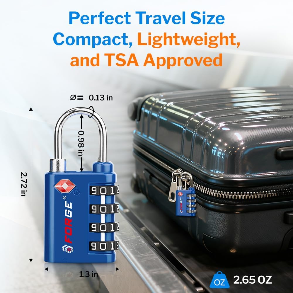 Forge Dual-Opening: Key or Combination Lock, TSA Approved Lock for Luggage, Pelican case, Travel, Gym, School, Luggage Combination Lock, Travel Bag Lock (Blue 2 Pk)