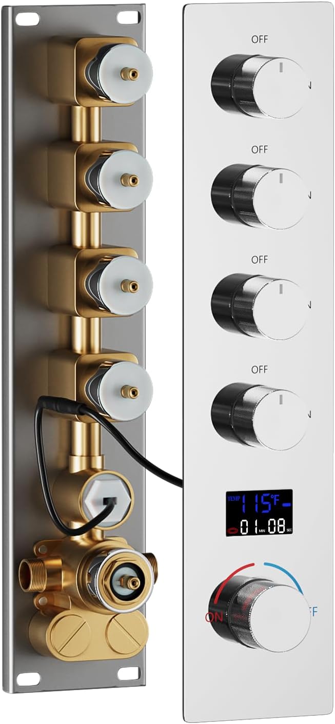 Chrome 4 Function Wall Mount Shower Control Mixer Valve Multi Function Shower Temperature Digital Display 4 Way Pressure Balance Valve Trim Kit Flow Control